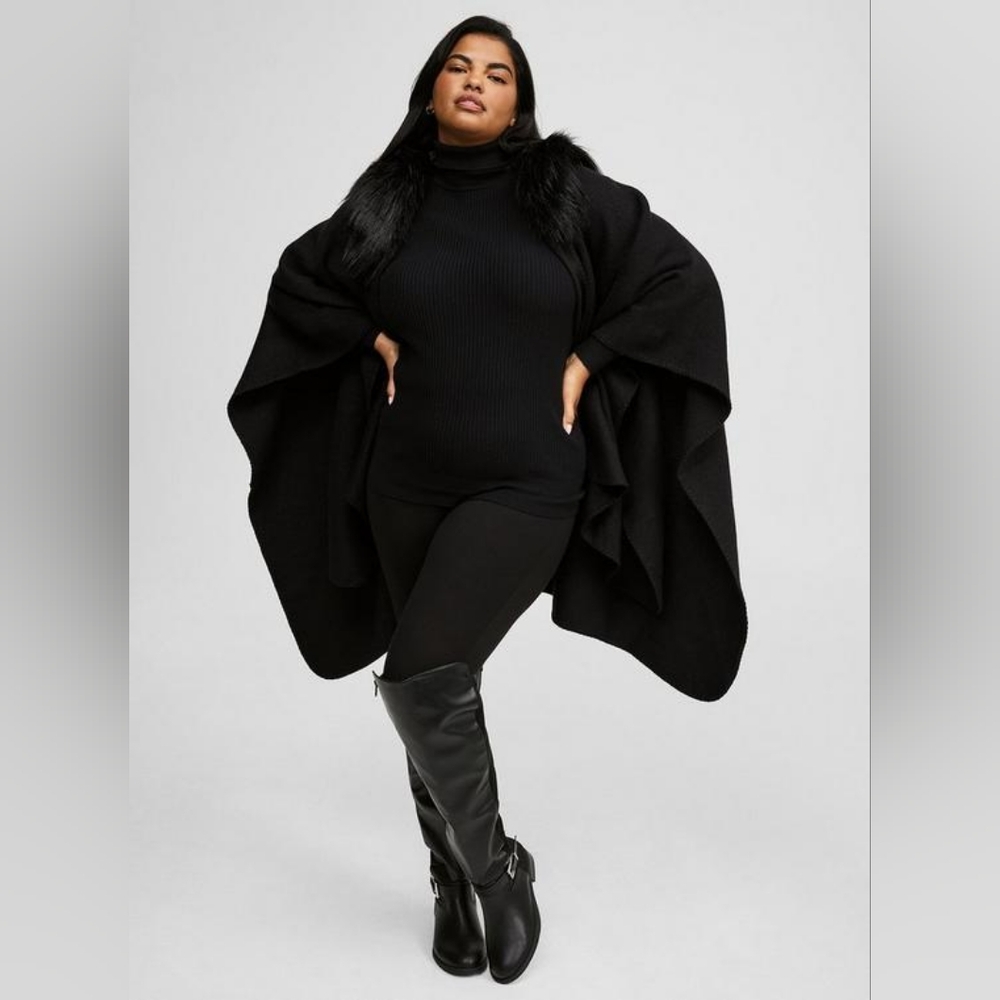 Torrid Black Faux Fur Trimmed Belted Ruana